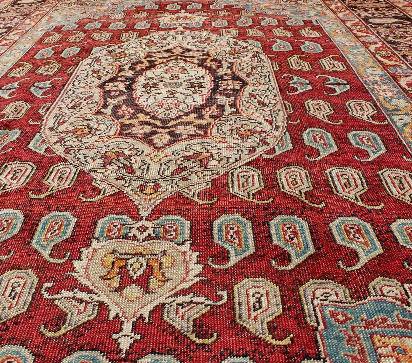 Antique Turkish Oushak Rug with Paisley Design in Red, Brown and Blue For Sale 1