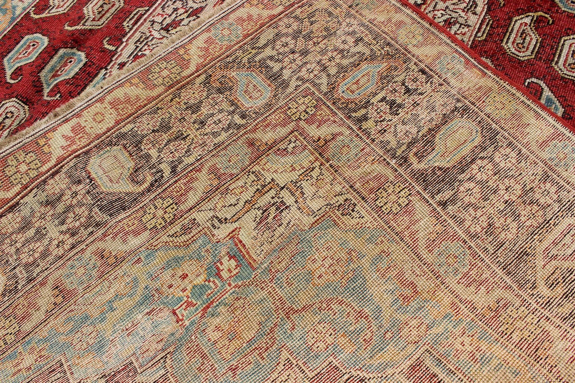 Antique Turkish Oushak Rug with Paisley Design in Red, Brown and Blue For Sale 2