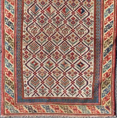 Antique Caucasian Shirvan Runner with Diamond Design in Ivory Background