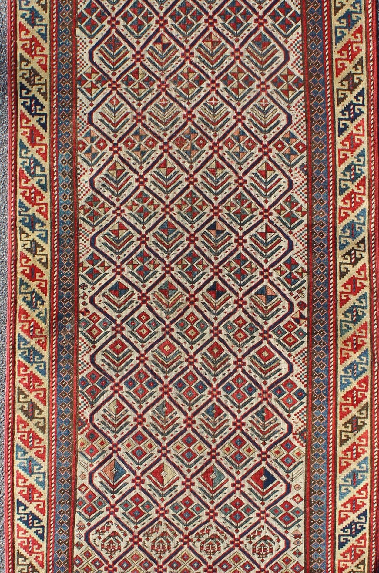 Hand-Knotted Antique Caucasian Shirvan Runner with Diamond Design in Ivory Background  For Sale