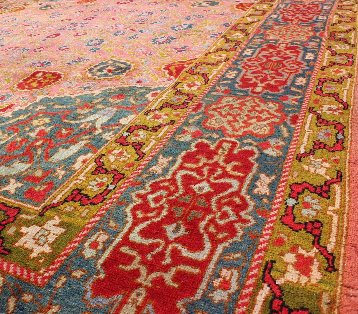 Colorful Antique Amritsar in Pink, Teal, Red, Blue, Teal, Chartreuse Green In Excellent Condition For Sale In Atlanta, GA