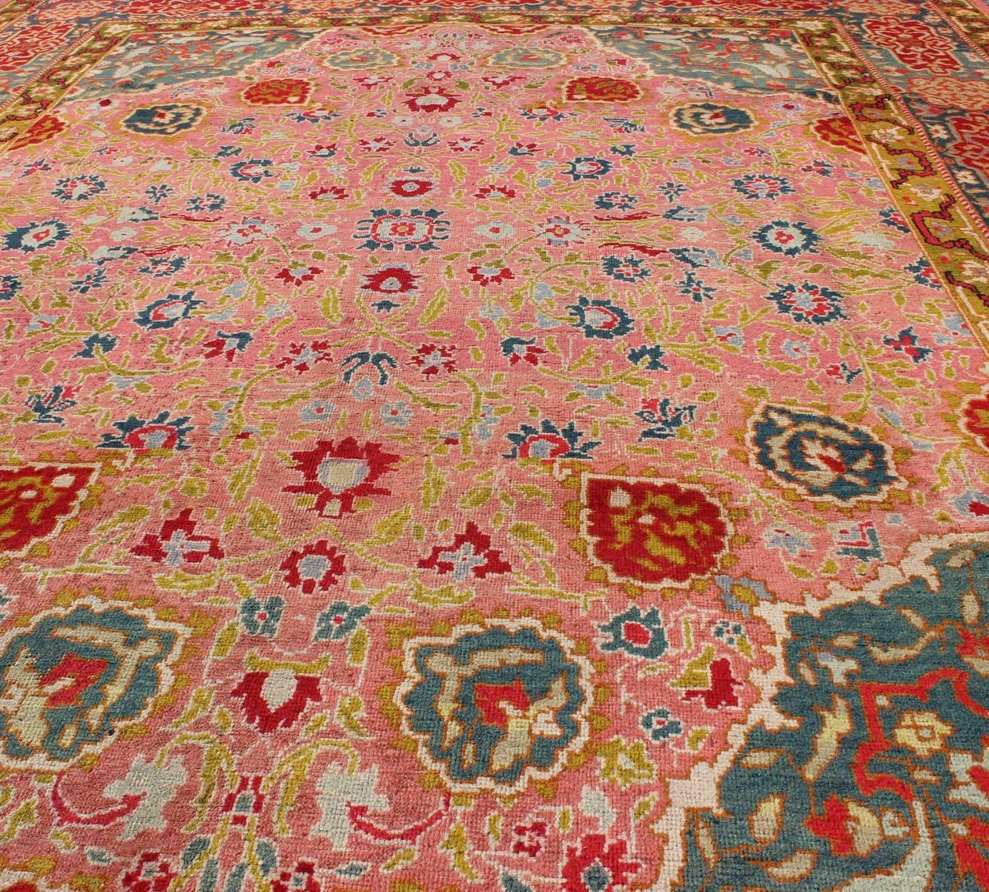20th Century Colorful Antique Amritsar in Pink, Teal, Red, Blue, Teal, Chartreuse Green For Sale