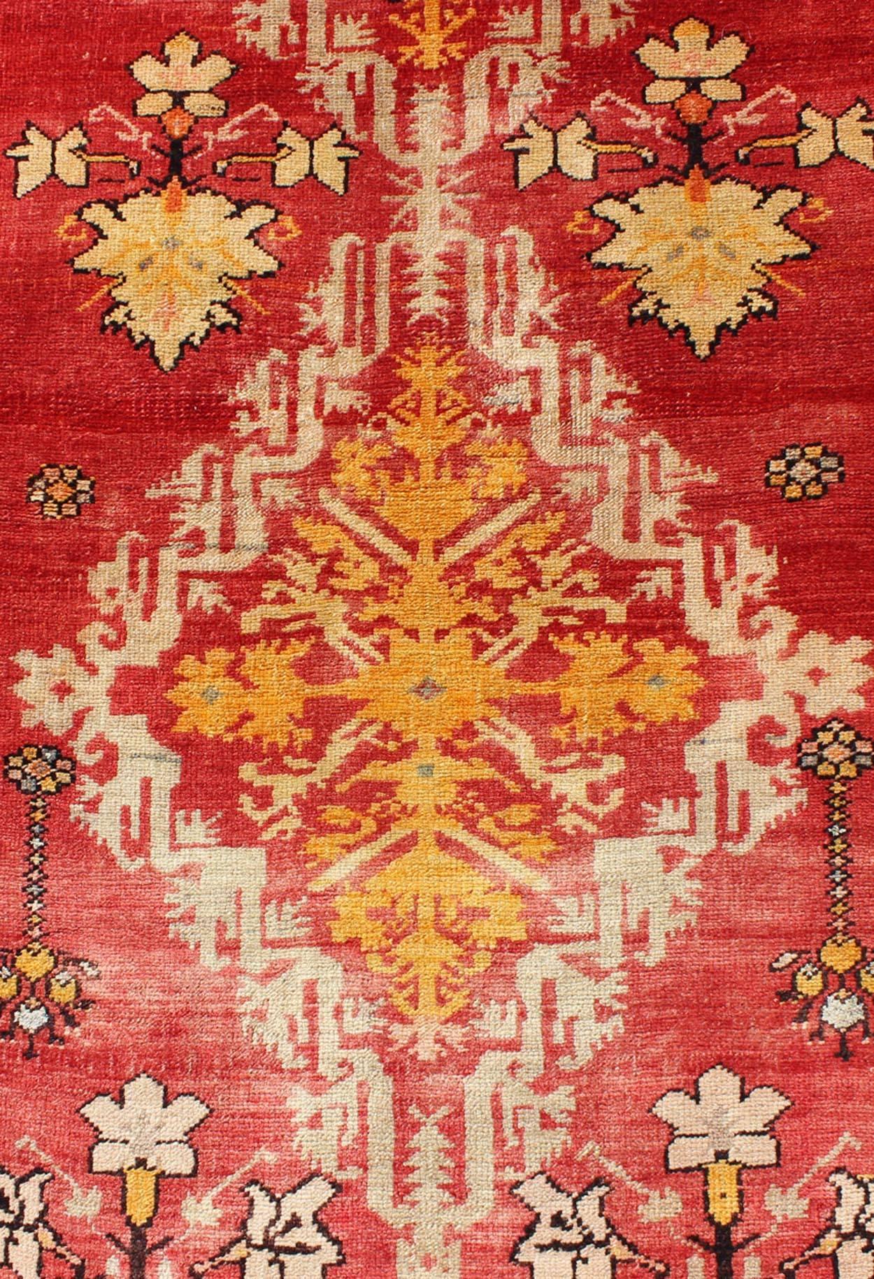 Antique Turkish Oushak Runner with Tribal Medallions in Red, Orange, and Yellow For Sale 1