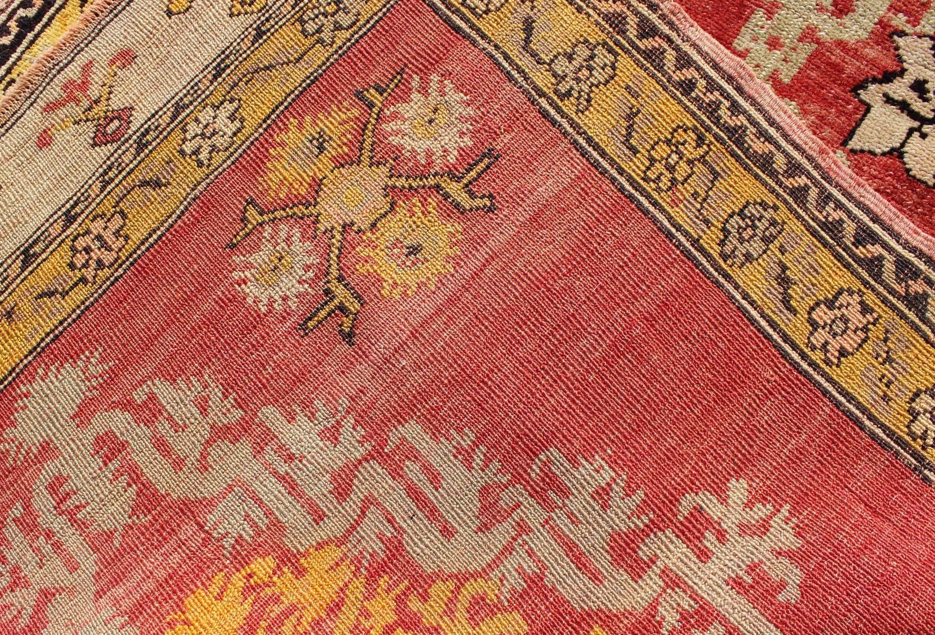 Antique Turkish Oushak Runner with Tribal Medallions in Red, Orange, and Yellow For Sale 3