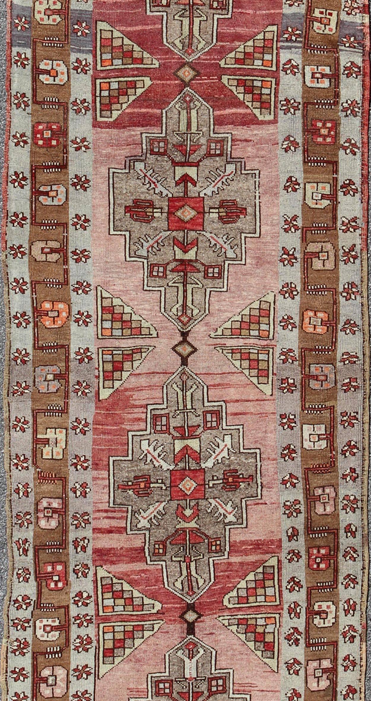 Hand-Knotted Vintage Turkish Oushak Long Runner with Rose and Pink For Sale