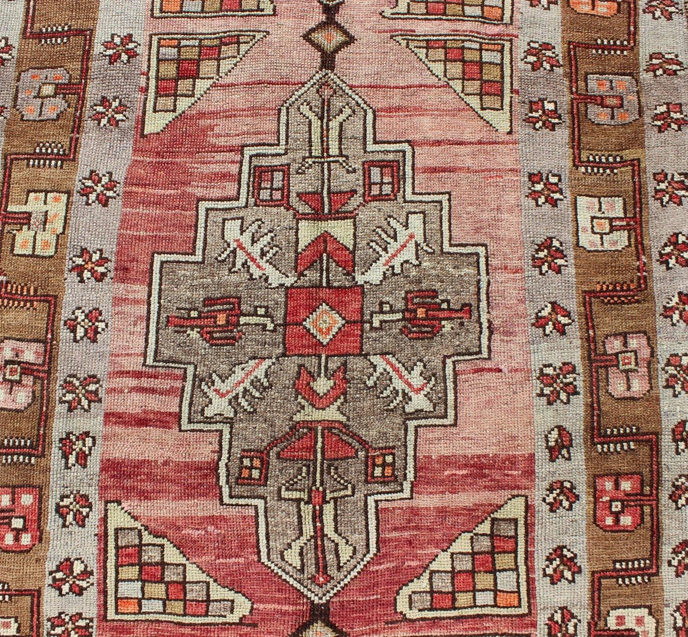 Wool Vintage Turkish Oushak Long Runner with Rose and Pink For Sale