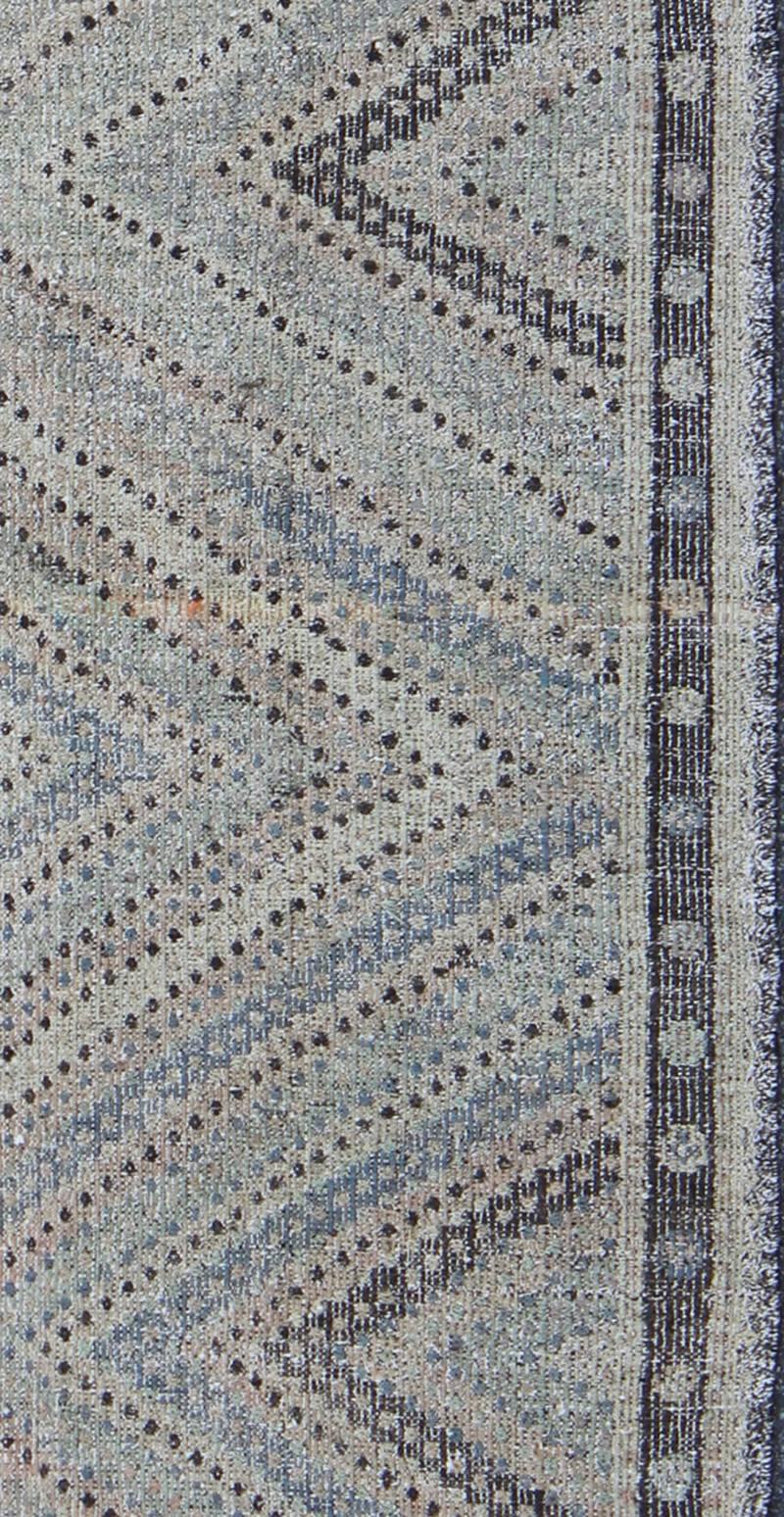 Hand-Woven Embroidered Kilim in Light Blue, Gray, Light Teal, Brown & Pastel Colors  