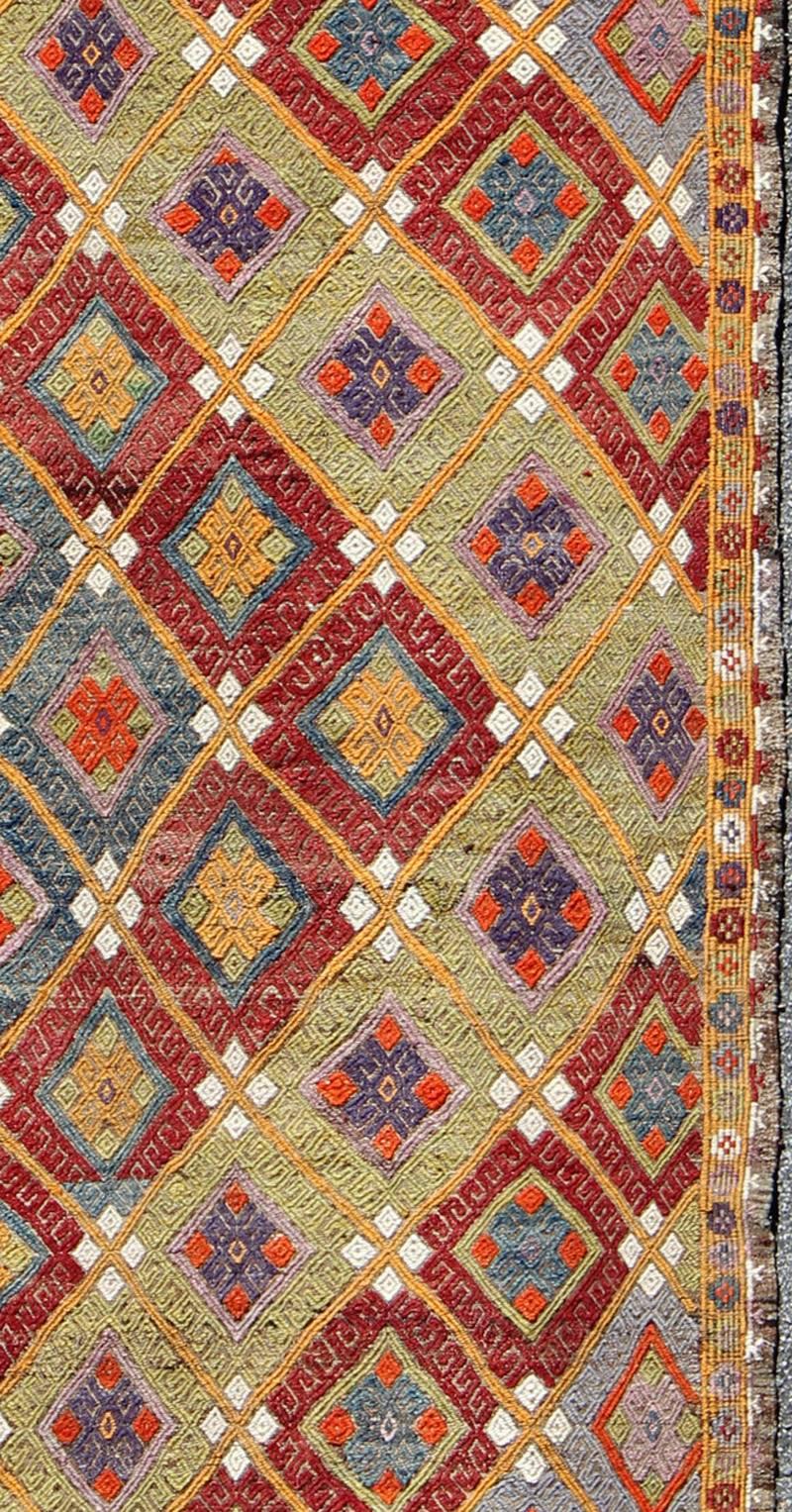 Hand-Woven Colorful Kilim/Jijim with Diamonds in Light Green, Light Blue and Red For Sale