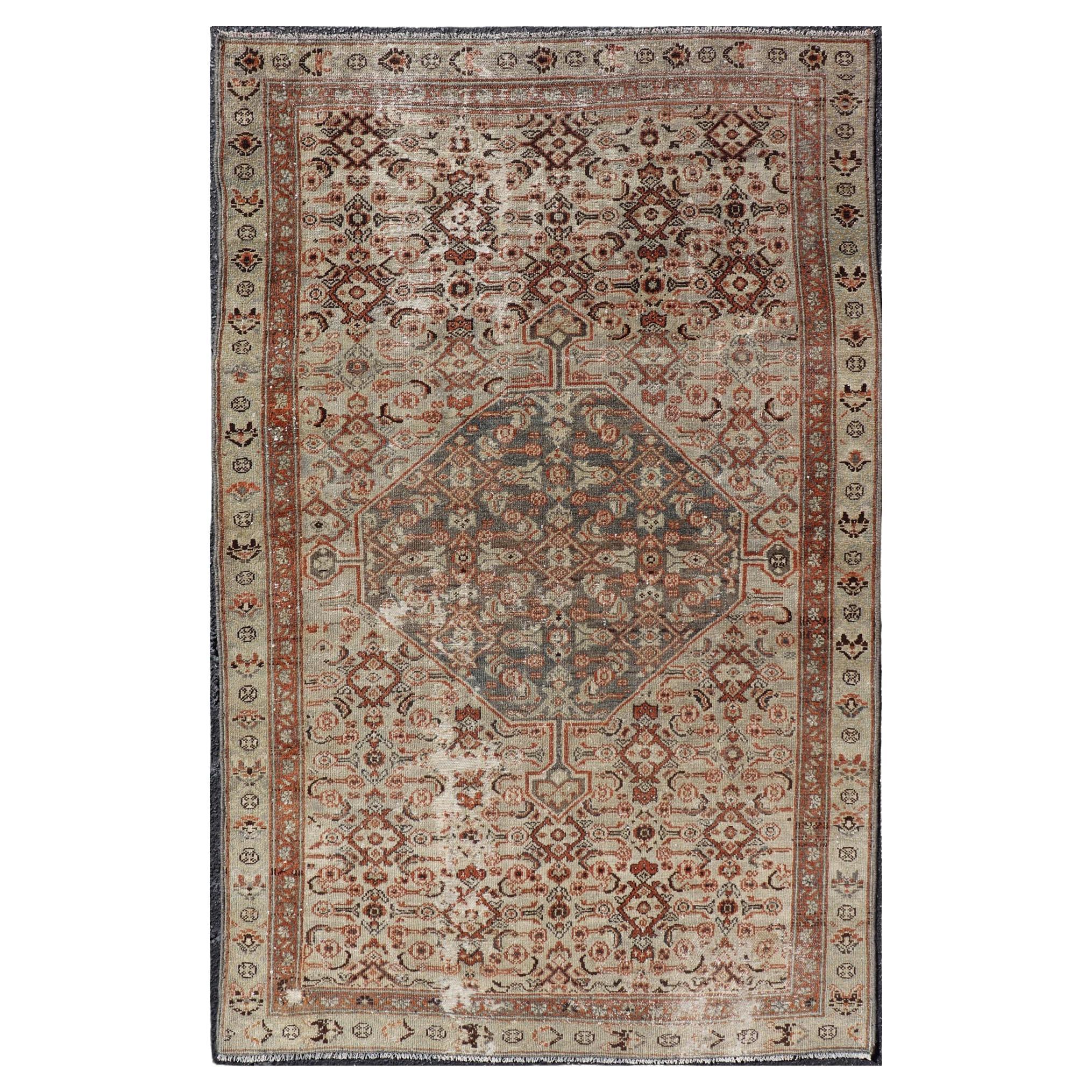 Tapis ancien persan Malayer avec médaillon complexe en beige doux 3'8 x 6'2