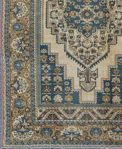 Vintage Turkish Rug with Geometric Design in Blue, Gold and Cream Colors