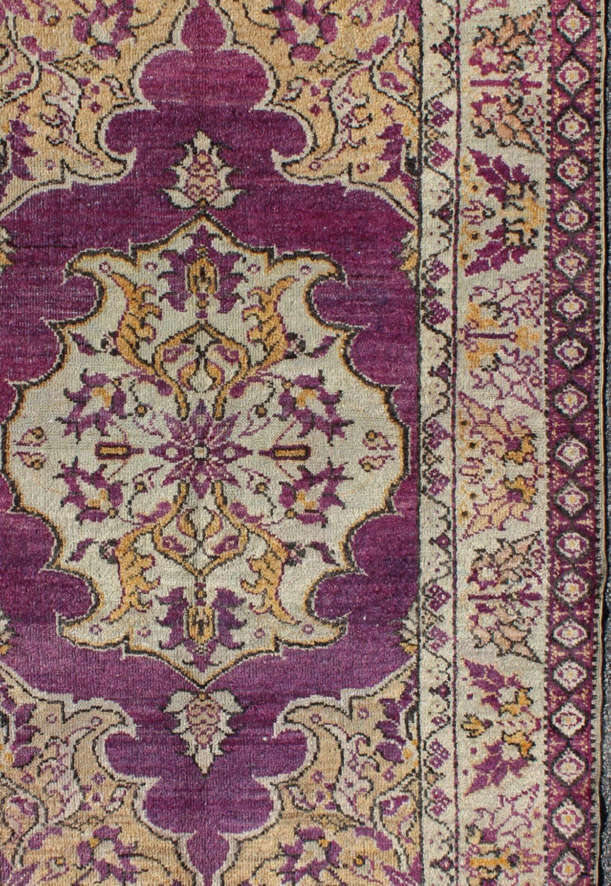 Hand-Knotted Purple Vintage Turkish Oushak Rug with a Traditional Medallion Design  For Sale