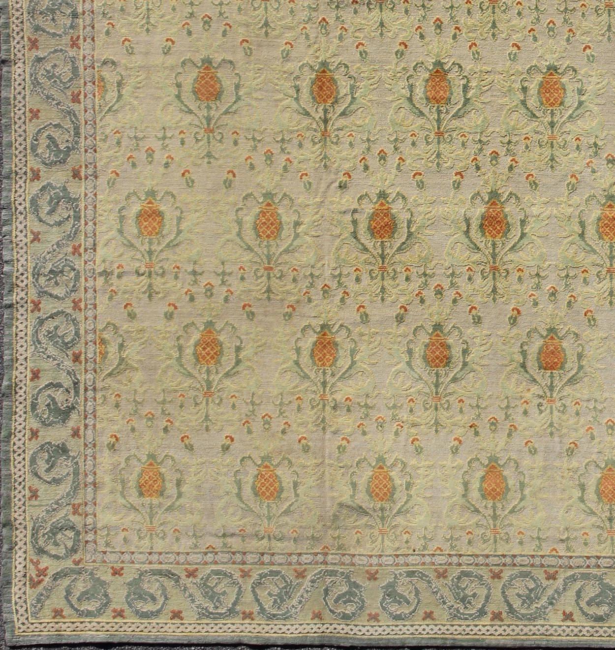Square size sntique Spanish carpet in green, orange and gray/blue. rug / D-0104. Antique Spanish carpet in pineapple design 
 
This stunning antique Spanish carpet was crafted during the early part of the 20th century. The rug bears a remarkable