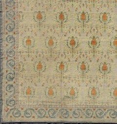 Square Sized Antique Spanish Carpet in Green, Orange and Gray/Blue