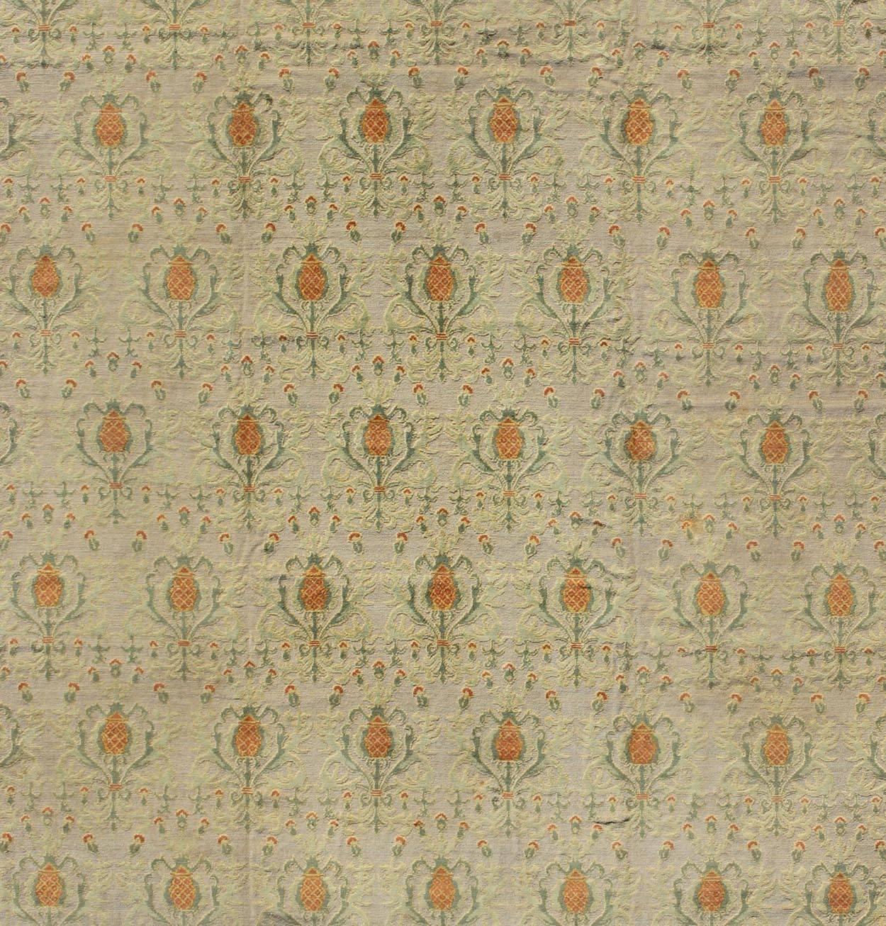 Spanish Colonial Square Sized Antique Spanish Carpet in Green, Orange and Gray/Blue