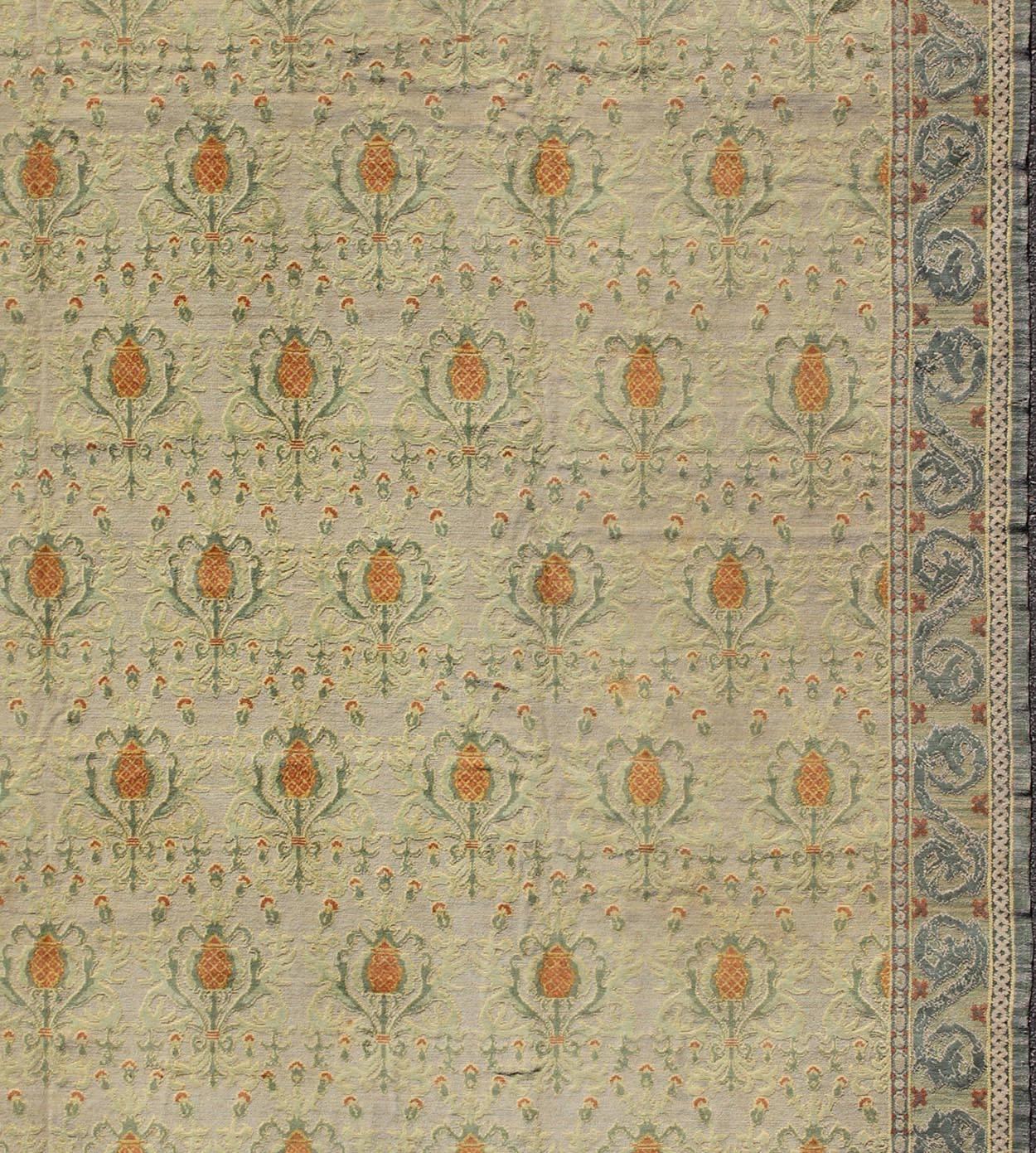 Square Sized Antique Spanish Carpet in Green, Orange and Gray/Blue In Good Condition In Atlanta, GA
