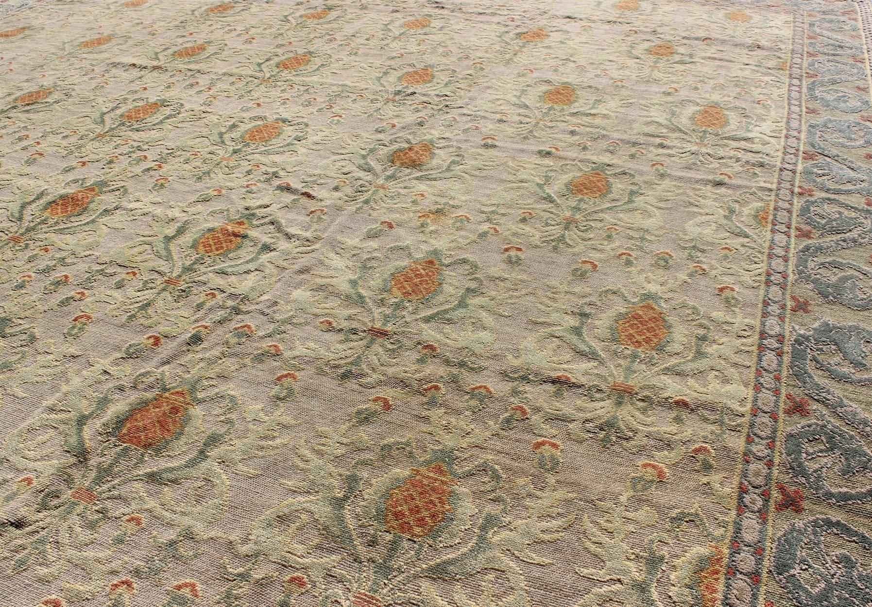 20th Century Square Sized Antique Spanish Carpet in Green, Orange and Gray/Blue