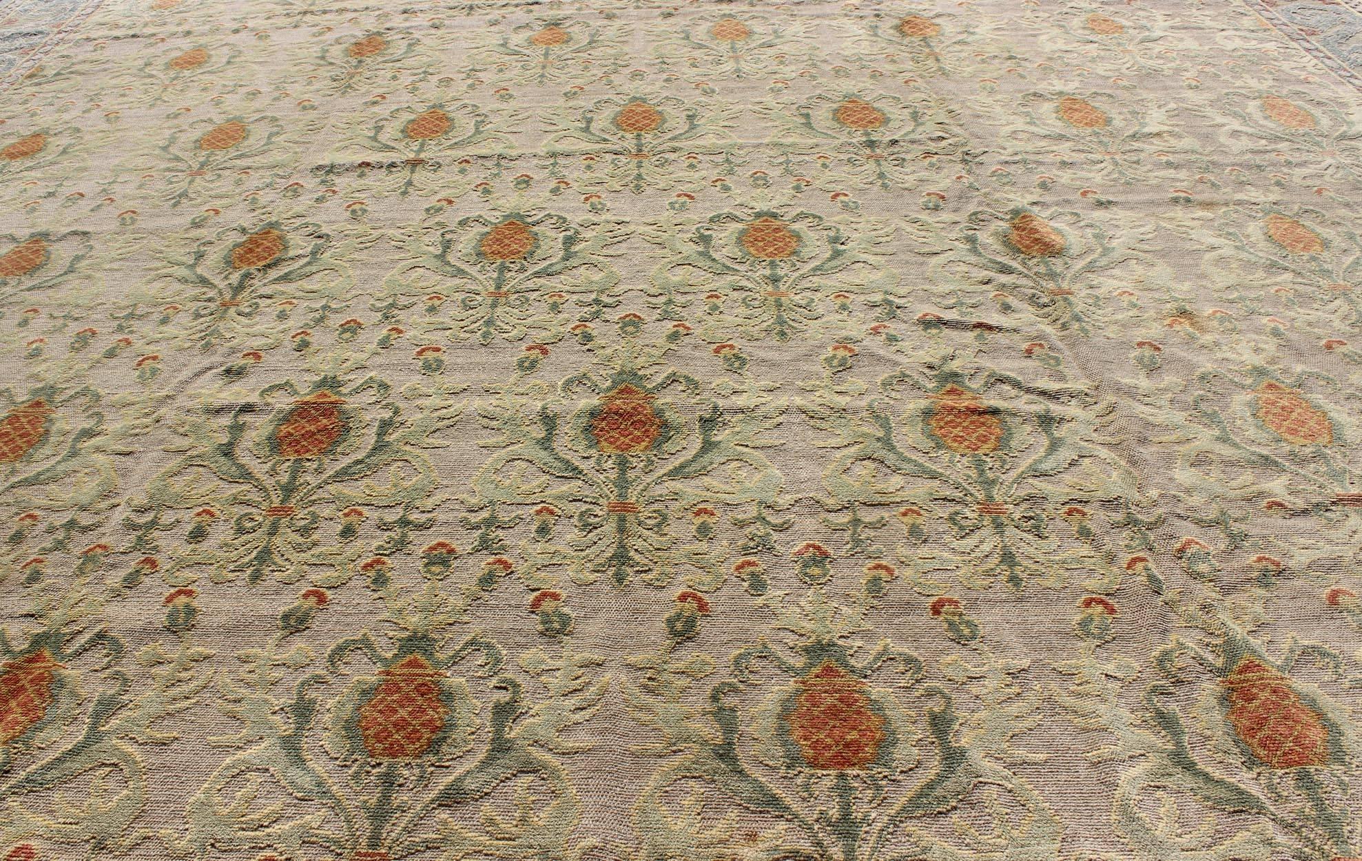 Wool Square Sized Antique Spanish Carpet in Green, Orange and Gray/Blue