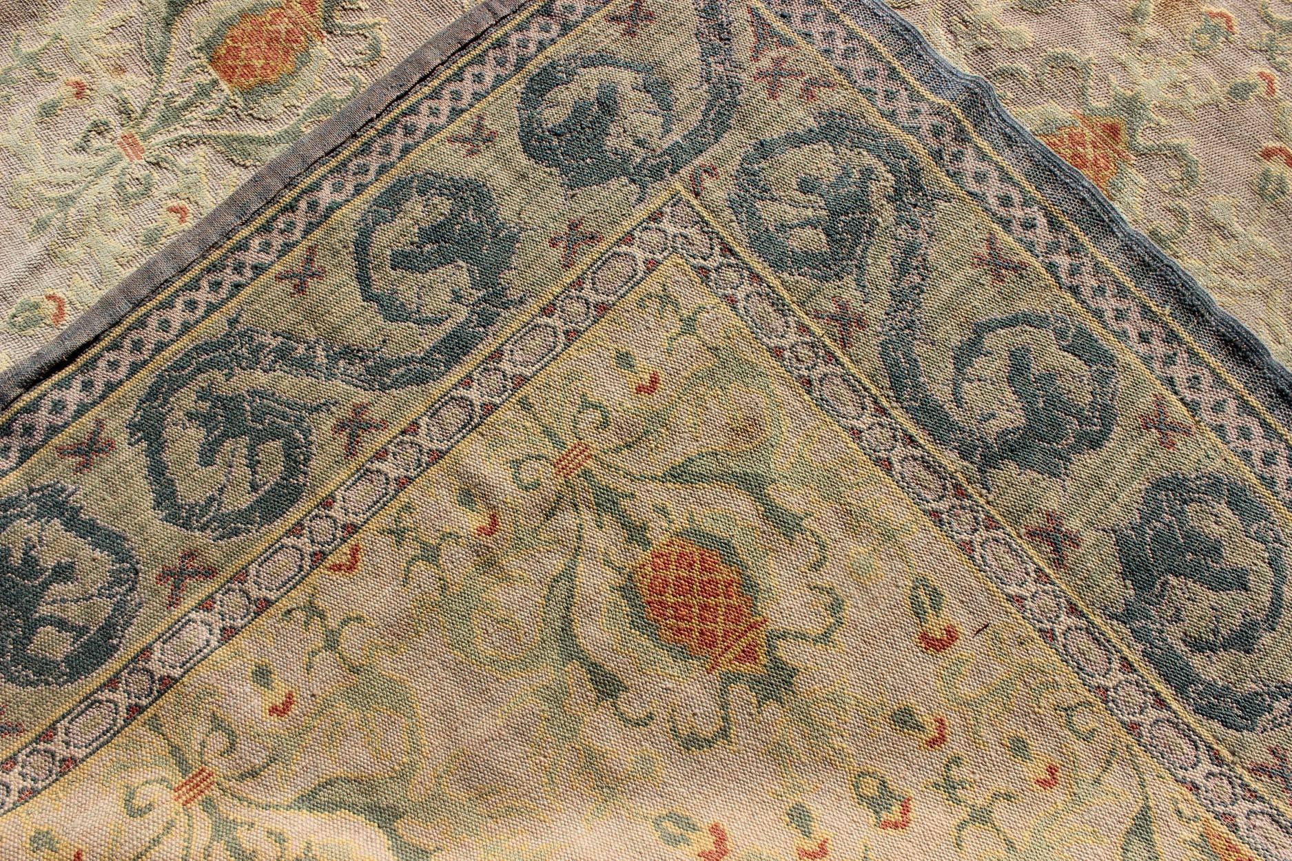 Square Sized Antique Spanish Carpet in Green, Orange and Gray/Blue 1