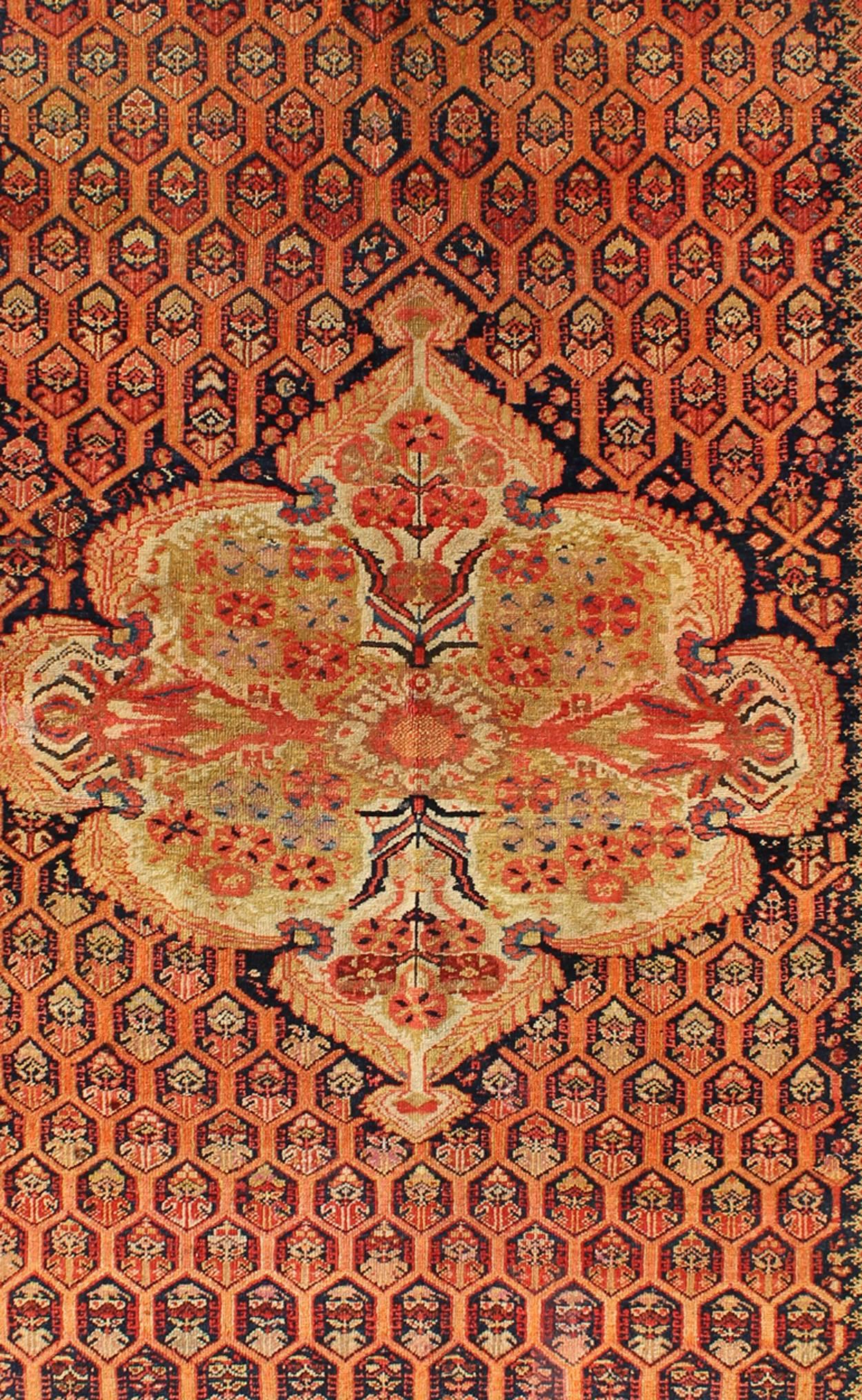 Persian Antique Mission Malayer Rug with Floral Medallion in Blue, Orange & Green For Sale