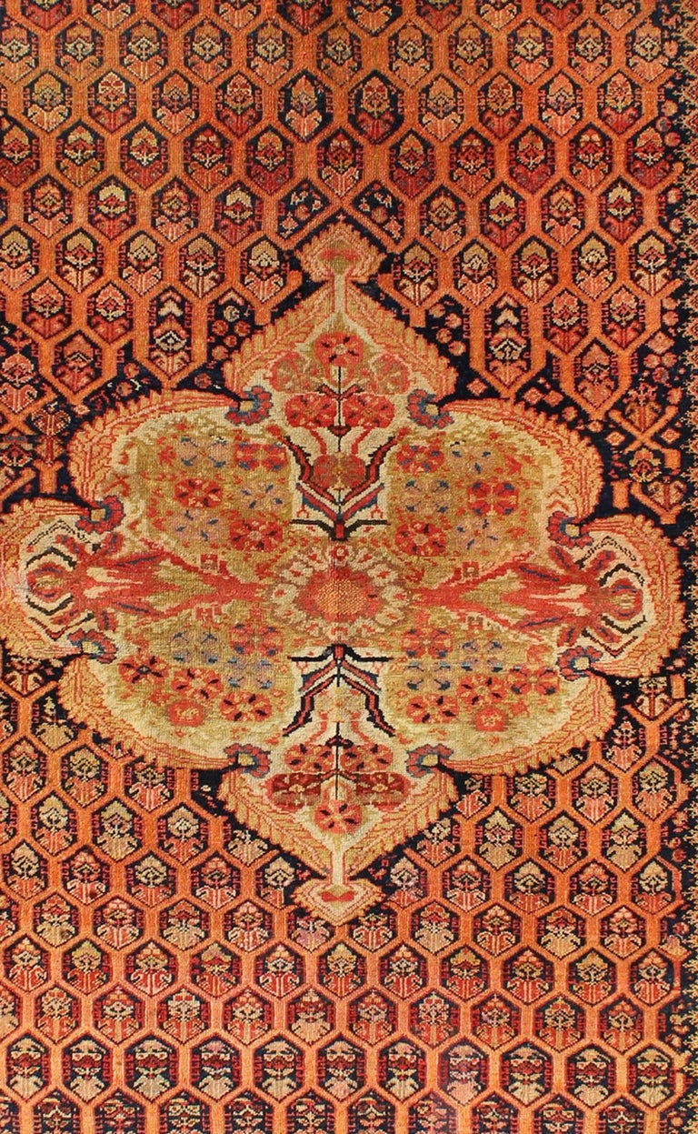 Antique Mission Malayer Rug with Floral Medallion in Blue, Orange and