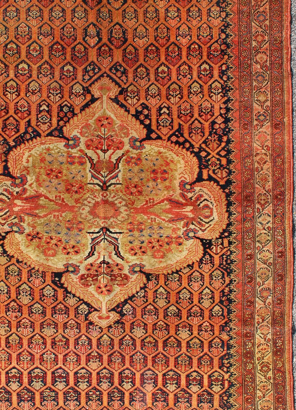 Antique Mission Malayer Rug with Floral Medallion in Blue, Orange & Green In Good Condition For Sale In Atlanta, GA