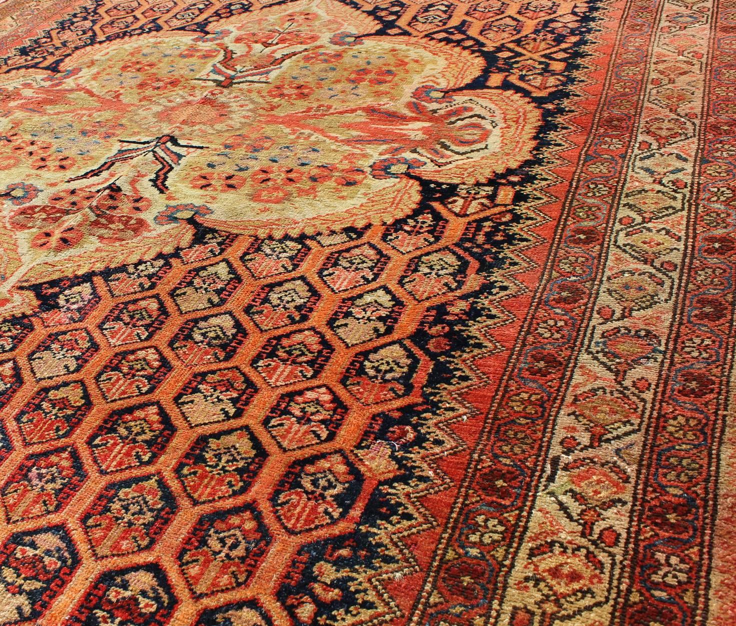 19th Century Antique Mission Malayer Rug with Floral Medallion in Blue, Orange & Green For Sale