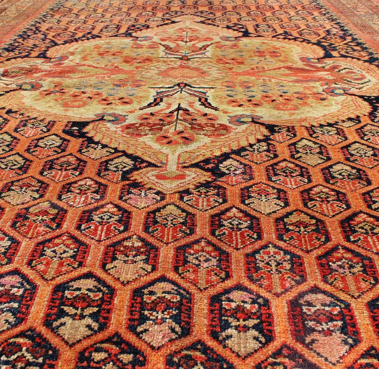 Wool Antique Mission Malayer Rug with Floral Medallion in Blue, Orange & Green For Sale