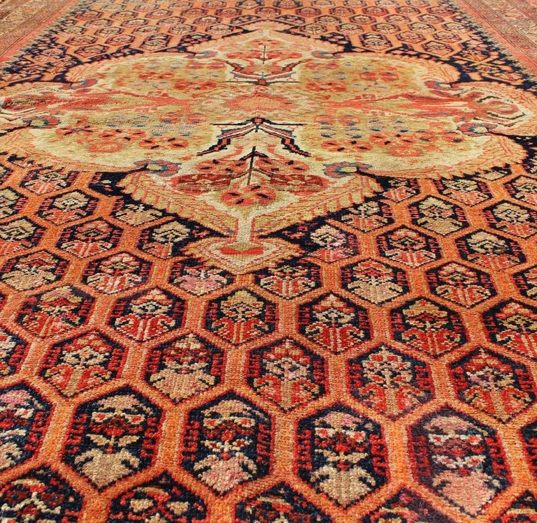 Antique Mission Malayer Rug with Floral Medallion in Blue, Orange and