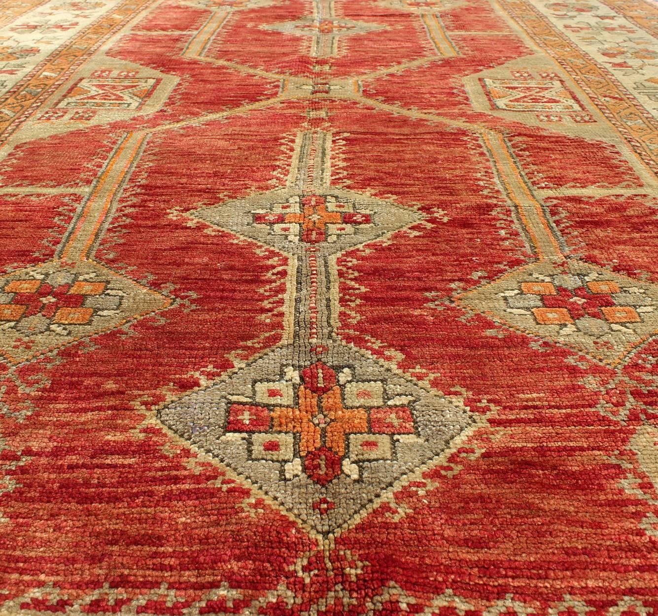 Antique Turkish Oushak Rug With Geometric Design in Red, Light Green & L. Orange For Sale 1