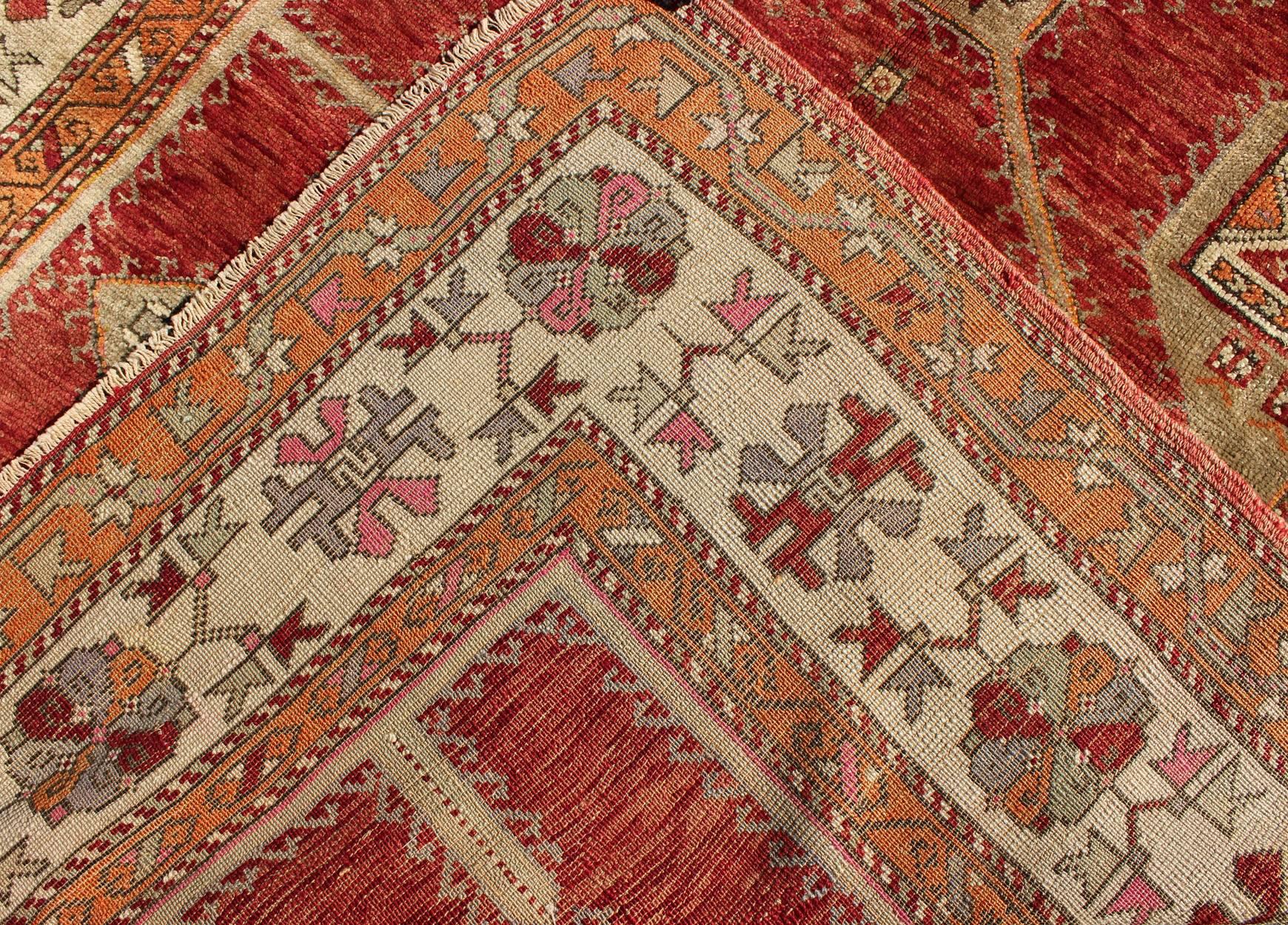 Antique Turkish Oushak Rug With Geometric Design in Red, Light Green & L. Orange For Sale 2