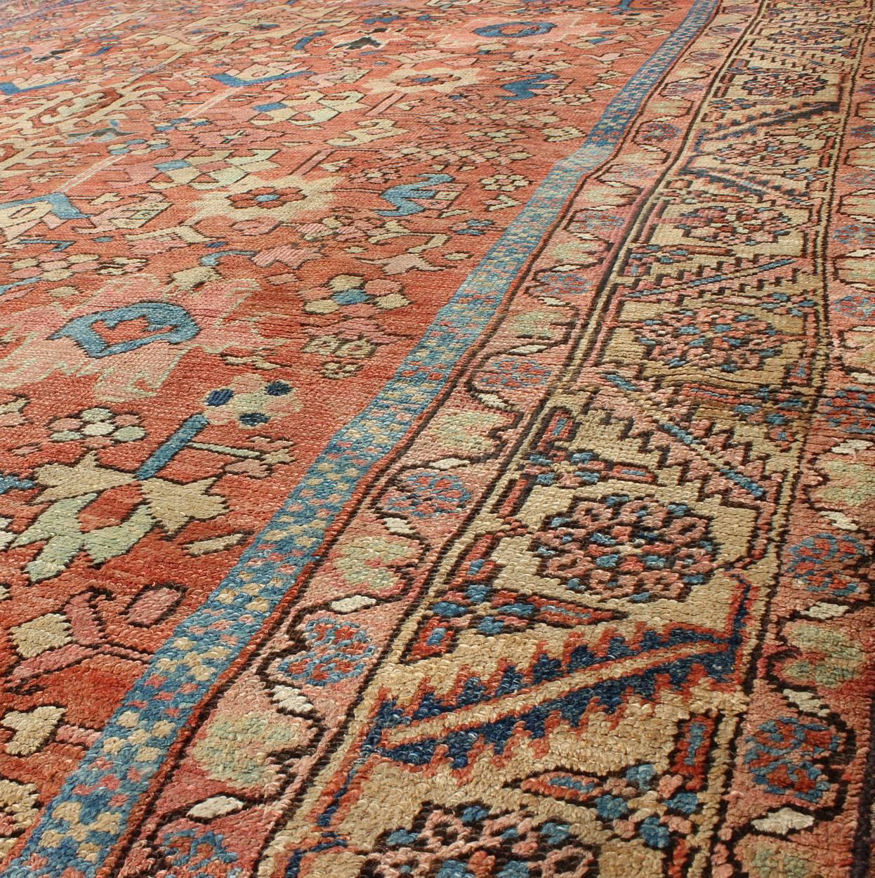 Hand-Knotted Antique All-Over Persian Heriz Rug in Faded Rust and Gold Colors