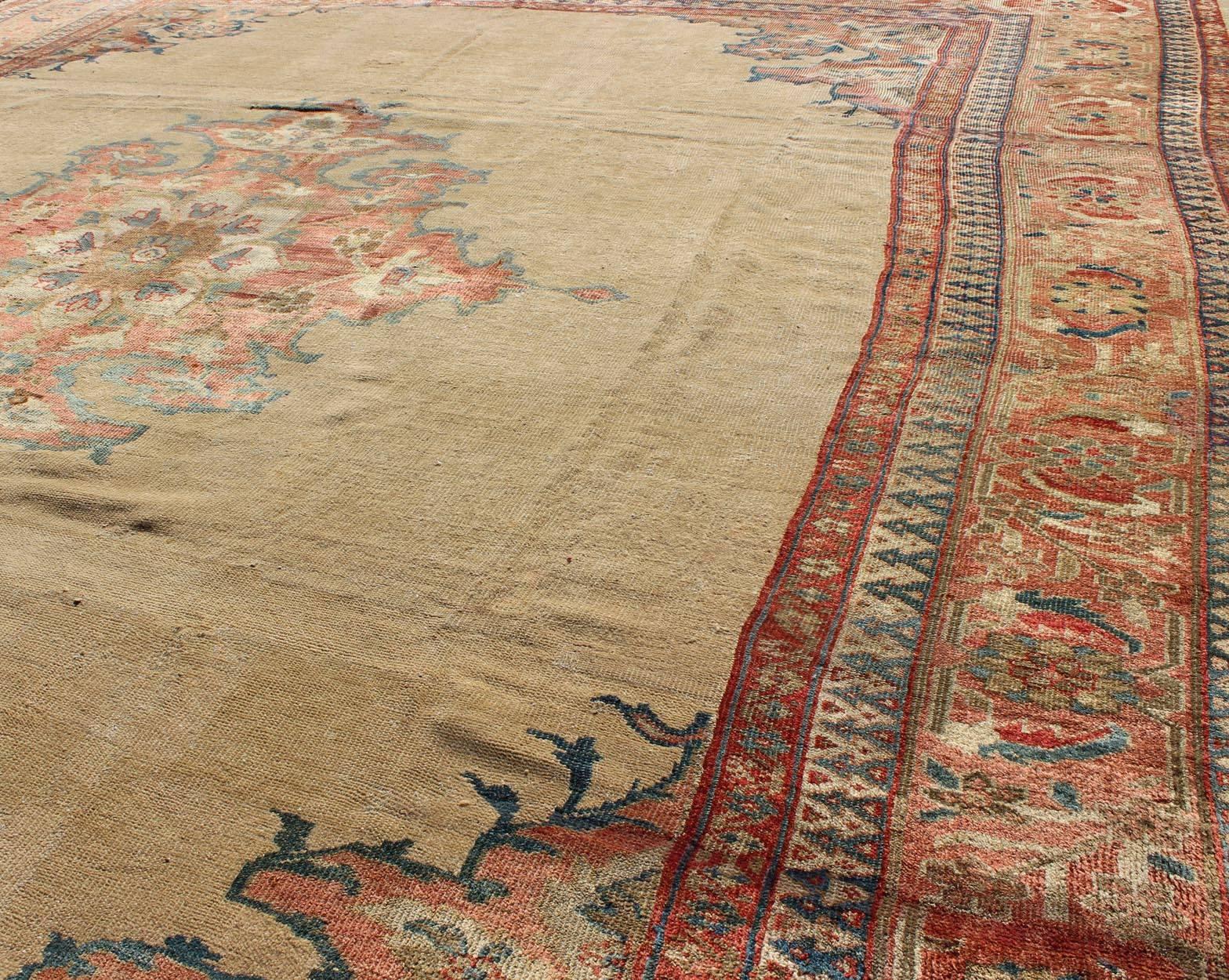 Hand-Knotted Antique Persian Ziegler Sultanabad Rug in Light Yellow Background  9’1 x 11’5 For Sale