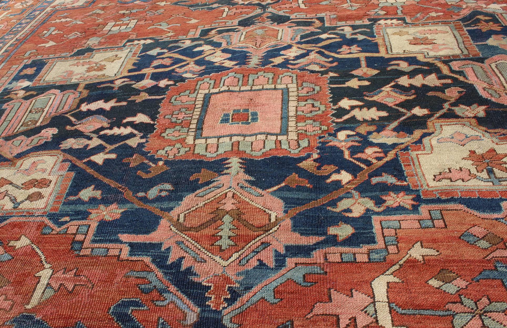 19th Century Antique Persian Serapi Rug With Medallion in Rusty-Orange, Blue and Cream's  For Sale