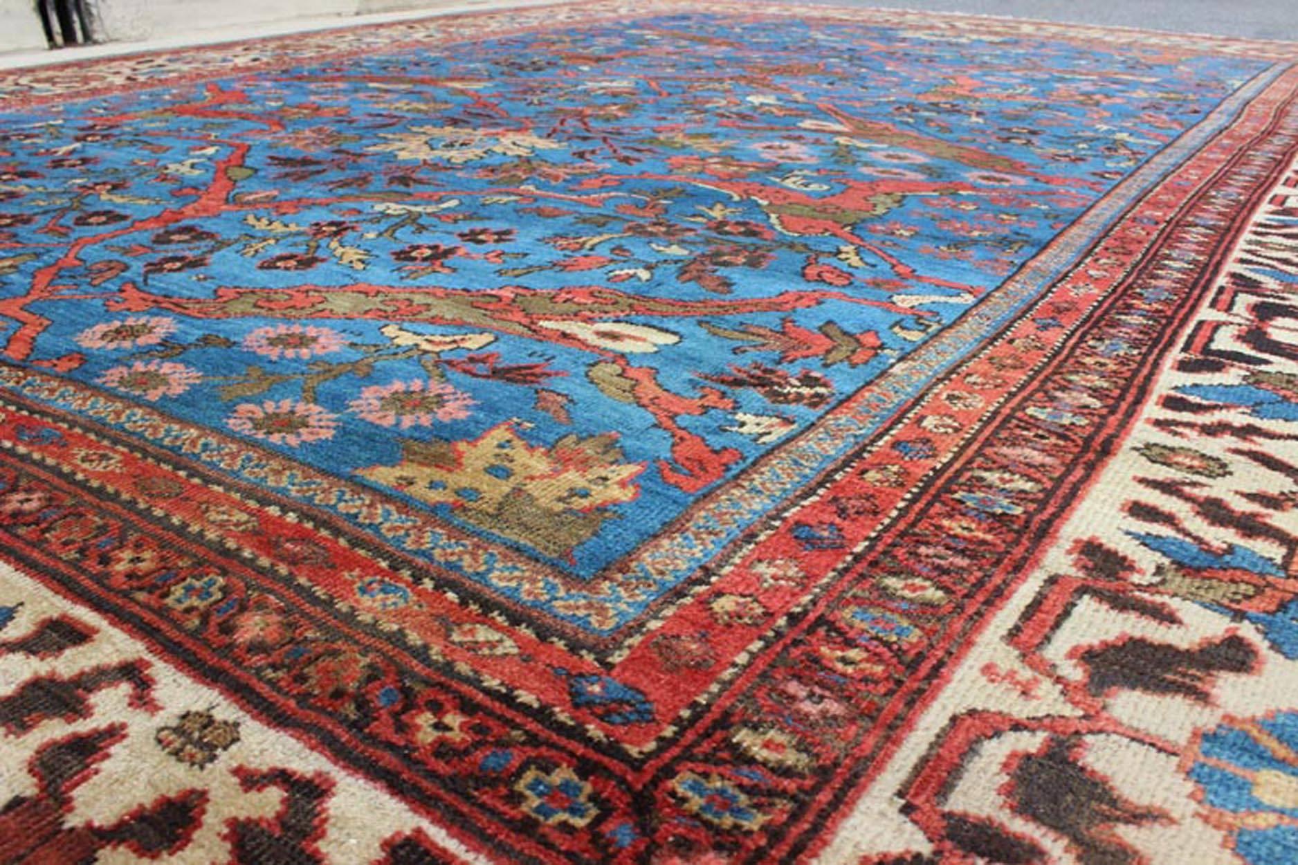 Wool Amazing Antique Persian Sultanabad Rug in a Unique Persian Blue Background For Sale