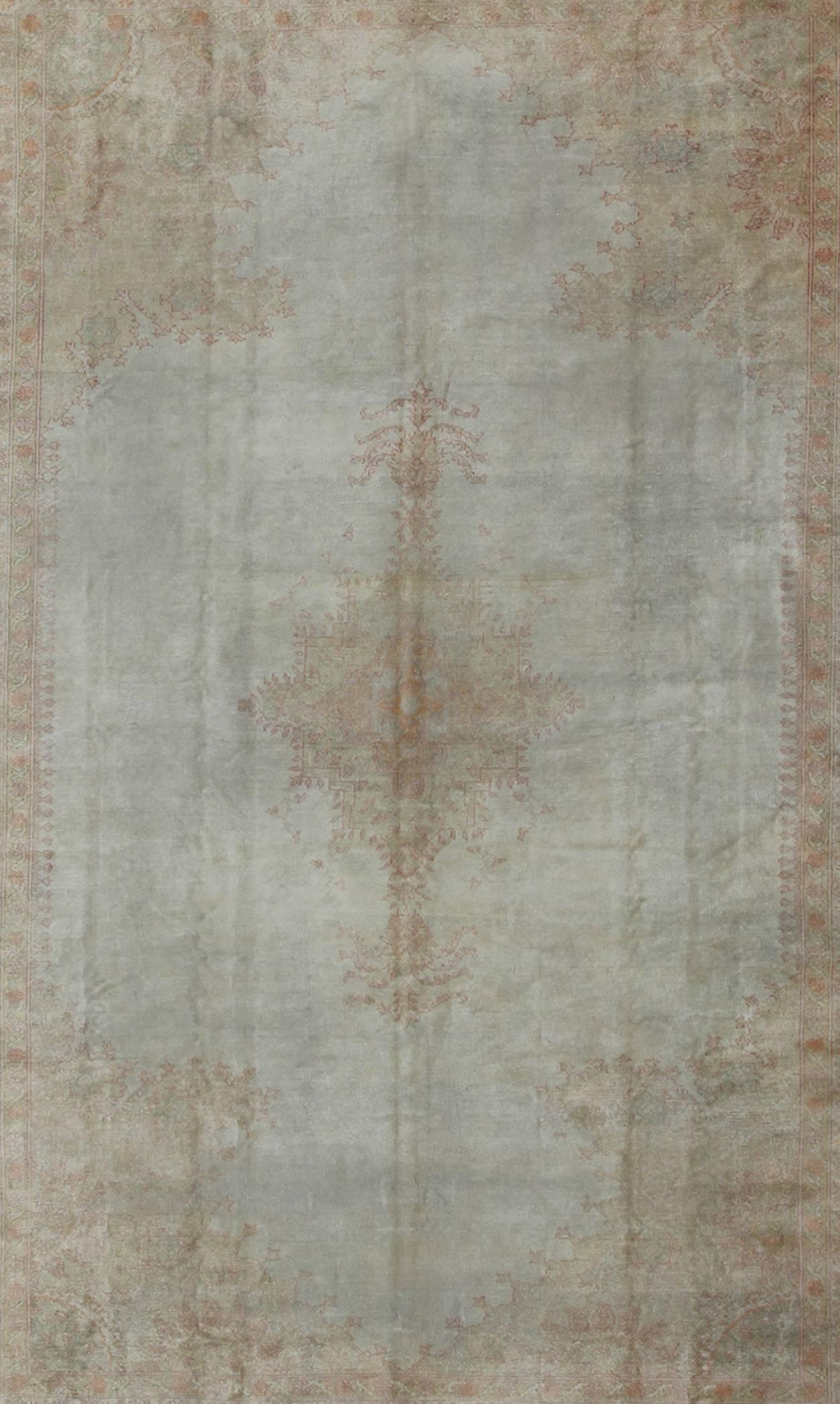Hand-Knotted Antique Turkish Burlu Oushak Rug with Fine Weave in Muted Colors For Sale