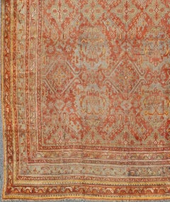 Antiker türkischer Oushak-Teppich mit geometrischem Muster in sanftem Rot, Hellblau und Gelb