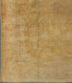 Stunning Antique Fine Burlu Oushak Rug in Gold and Neutral Tones
