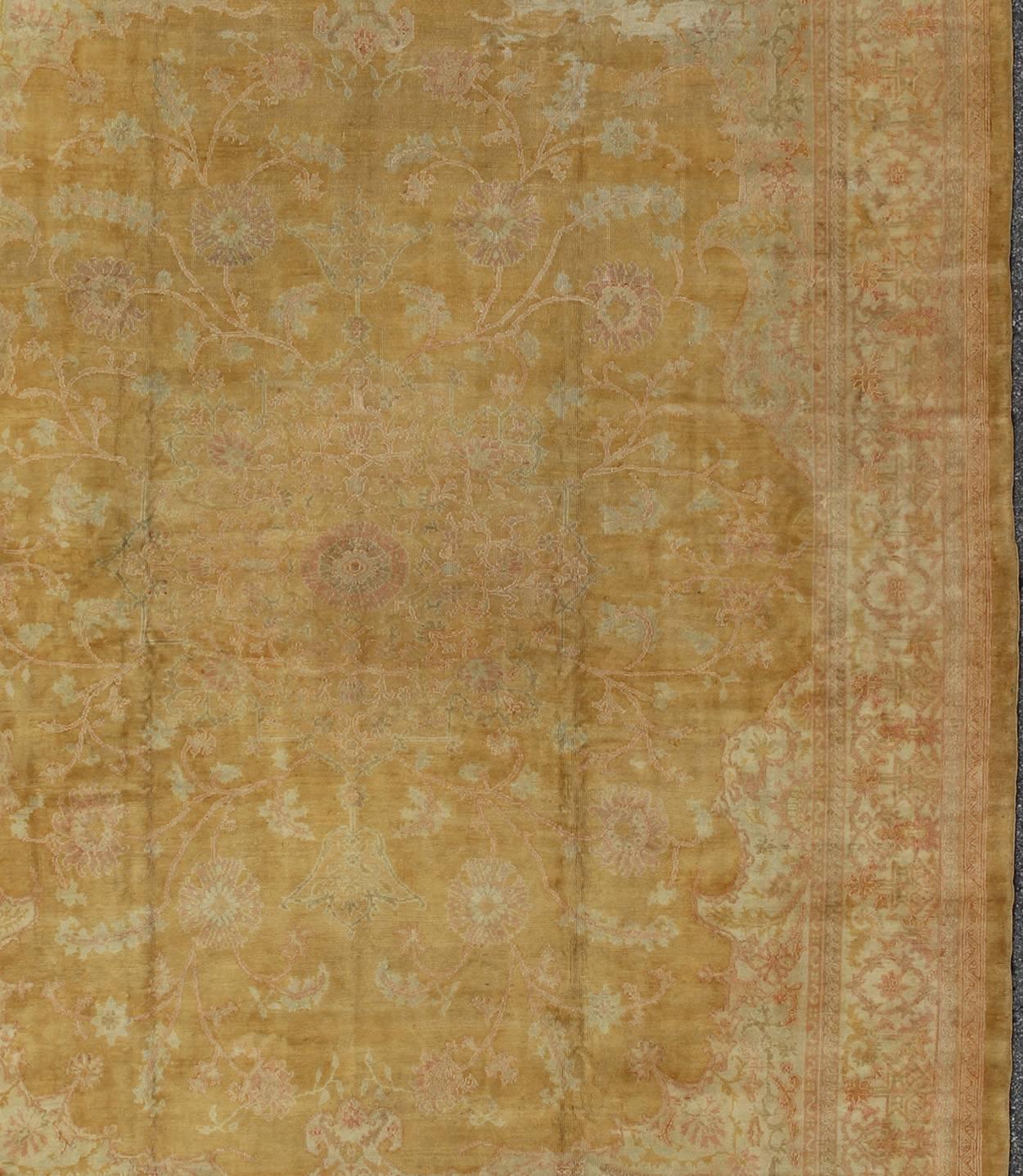 Hand-Knotted Stunning Antique Fine Burlu Oushak Rug in Gold and Neutral Tones For Sale