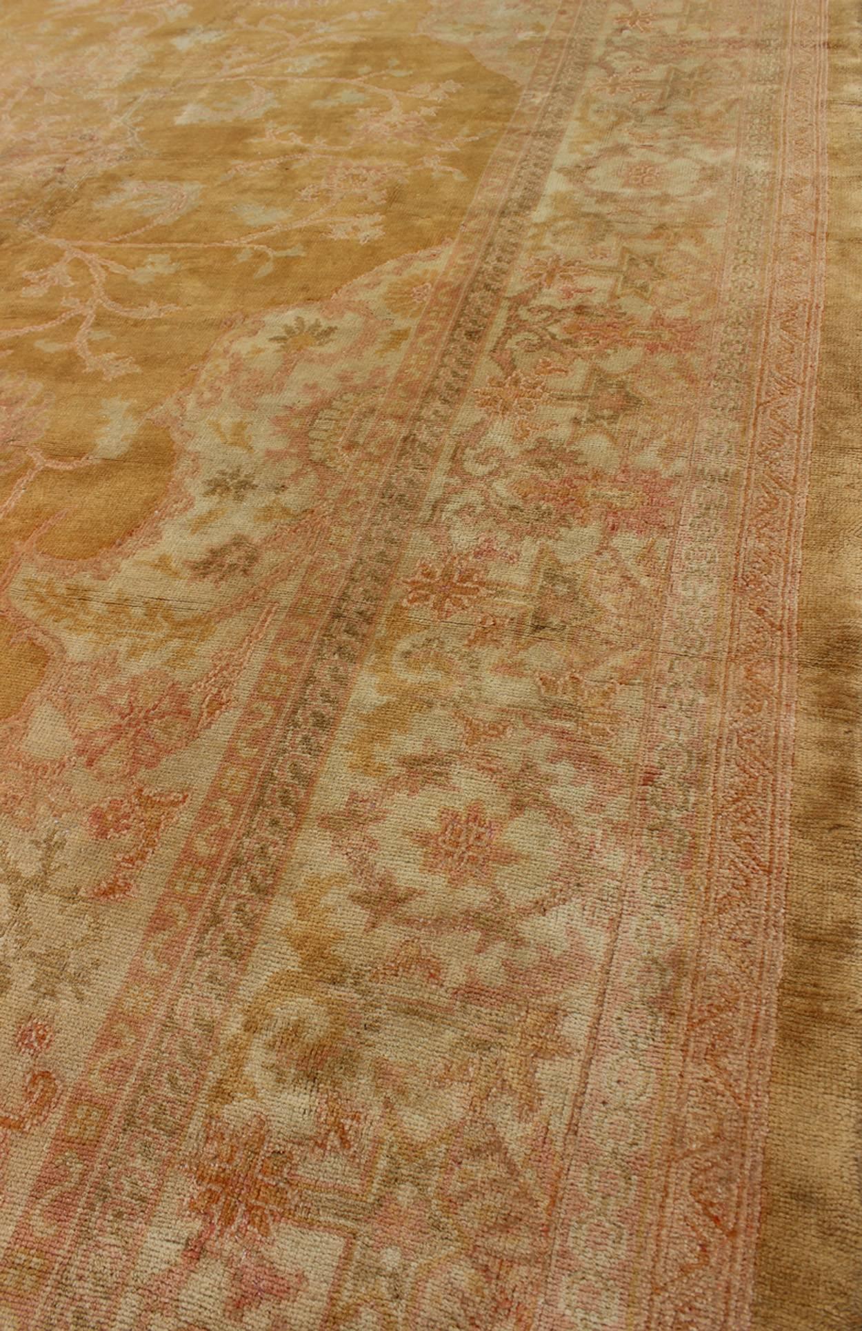 Stunning Antique Fine Burlu Oushak Rug in Gold and Neutral Tones In Good Condition For Sale In Atlanta, GA