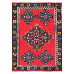 Vintage Bosnia Kilim Rug with Vibrant Red Field, Deep Green an Blue 6'8 x 9'11