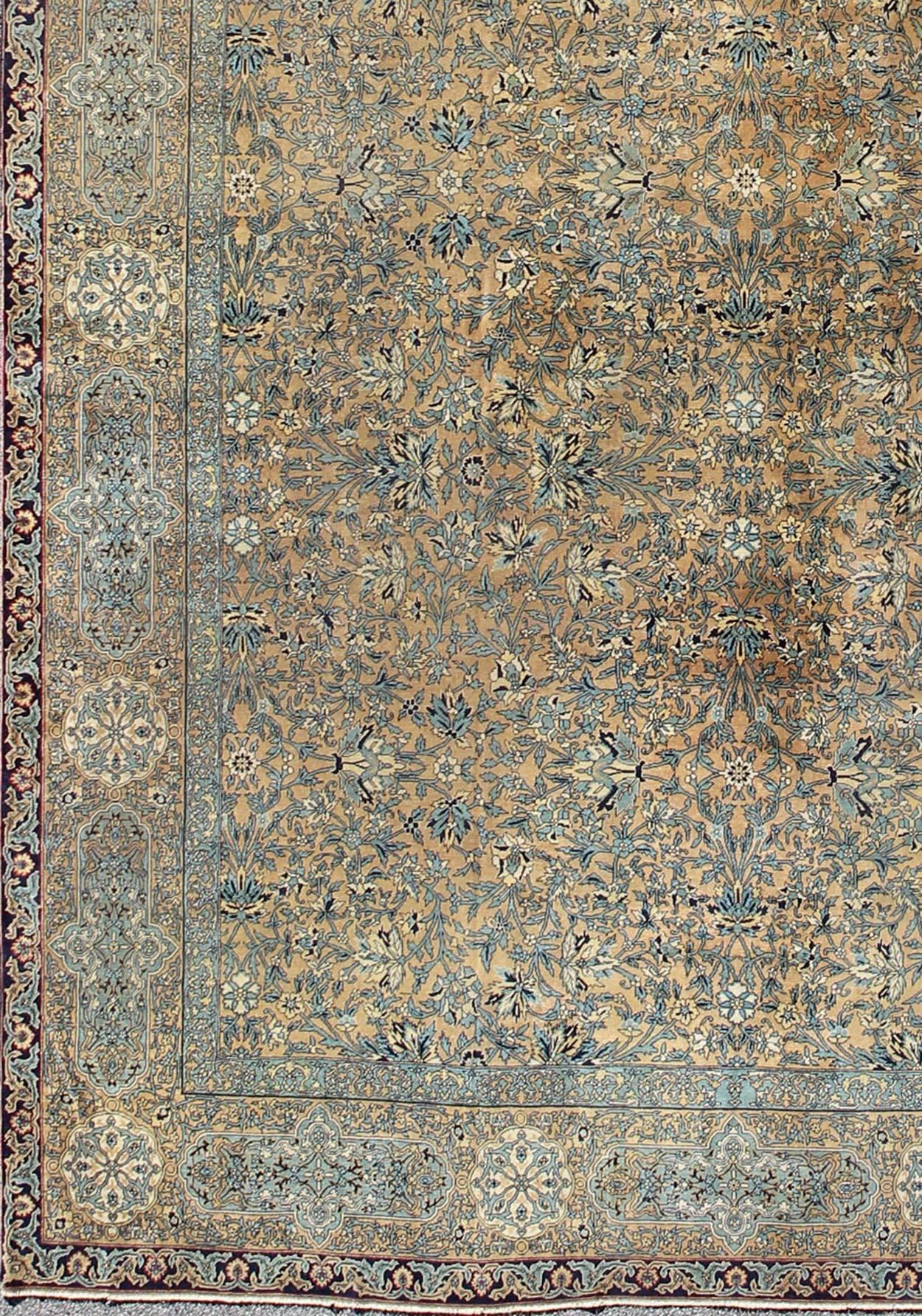 This sophisticated antique Indian Amritsar is characterized by an all-over floral and amazing intricate details. The colors are light brown and shades of blue.
Measures: 10.5 x 16.8
