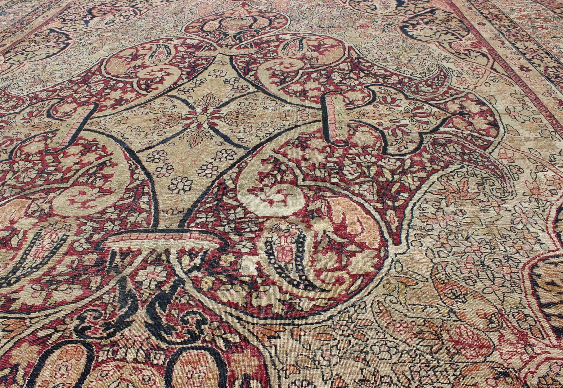 Kirman Antique 19th Century Persian Lavar Kerman Rug With Floral Medallion With Pink For Sale