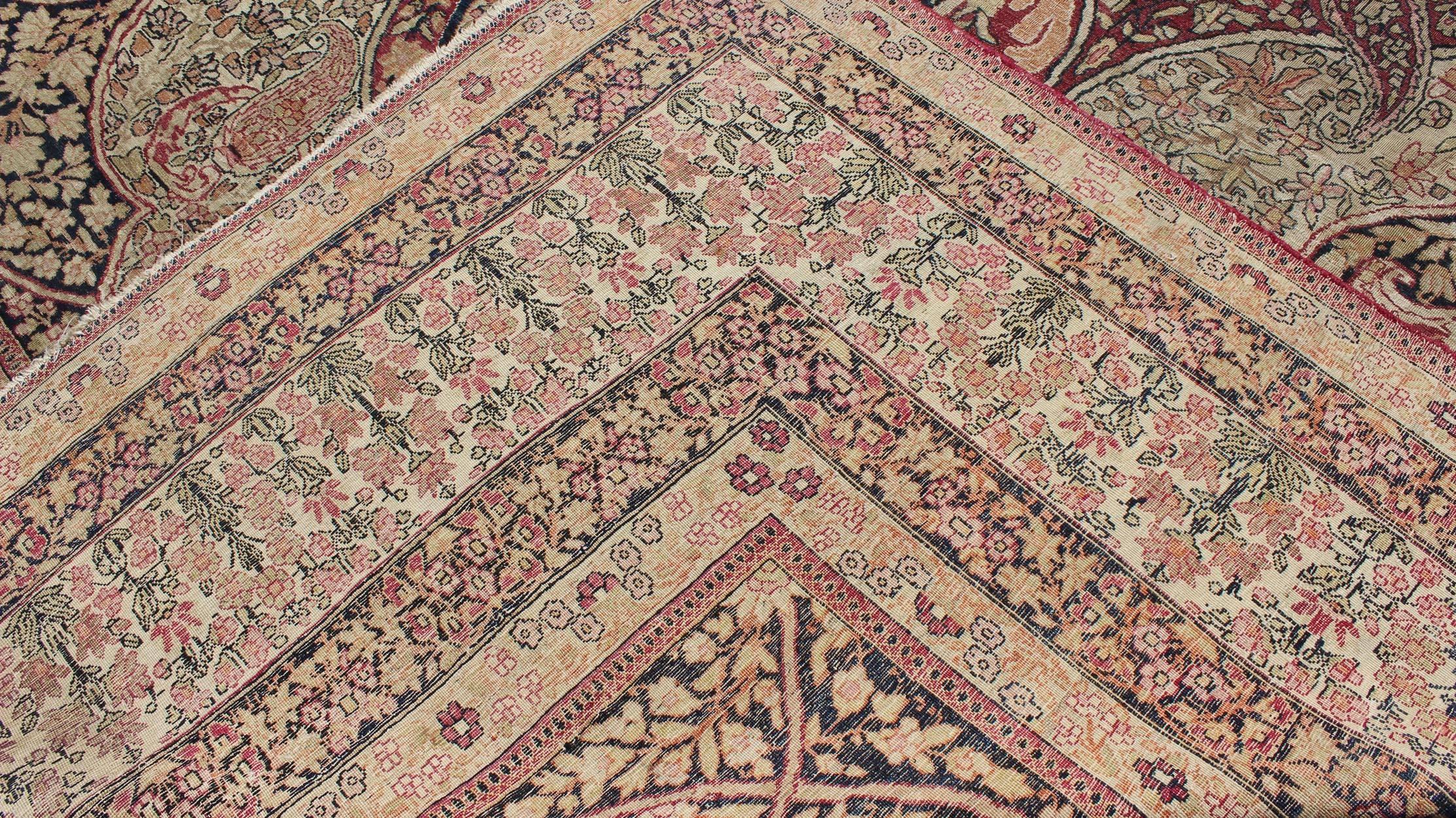 Hand-Knotted Antique 19th Century Persian Lavar Kerman Rug With Floral Medallion With Pink For Sale