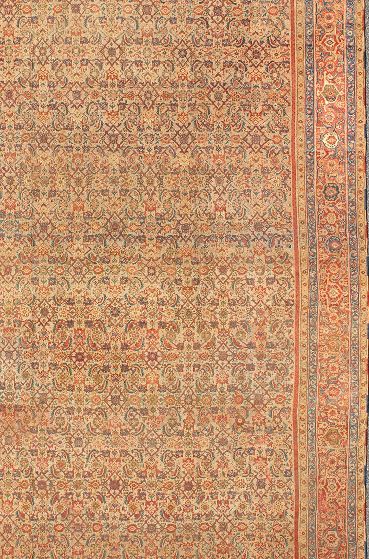 19th Century Grandiose Antique Persian Sultanabad Rug in Tan Background, Rust Red, Green For Sale