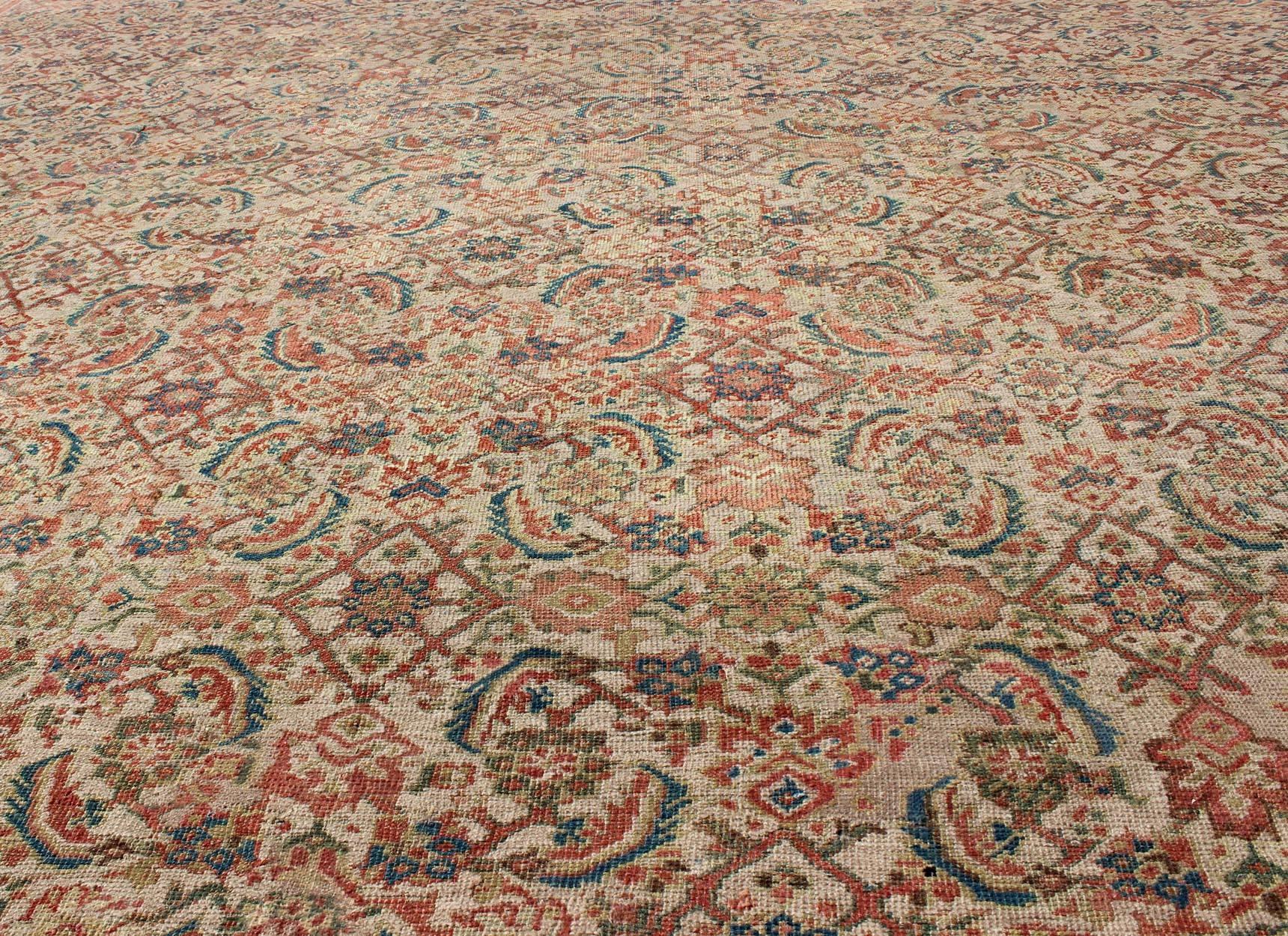Grandiose Antique Persian Sultanabad Rug in Tan Background, Rust Red, Green For Sale 1
