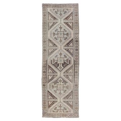 Vintage Turkish Oushak Runner with Geometric Medallions in Beige 3'11 x 13'2