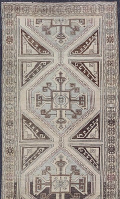 Vintage Turkish Oushak Runner with Geometric Medallions in Beige 3'11 x 13'2