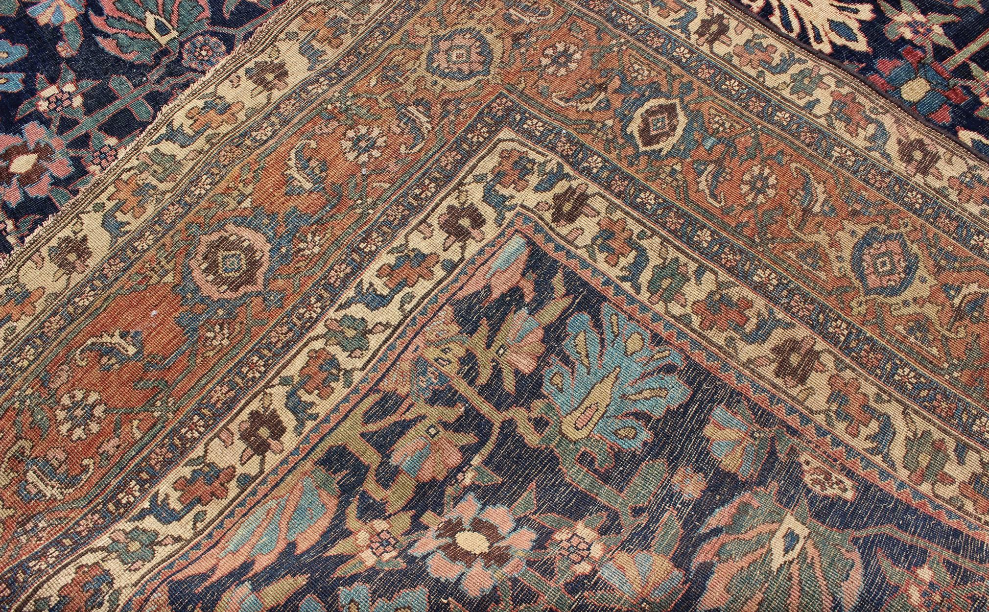 Large Antique Persian Bidjar Rug in Blue Background and Floral Pattern 1