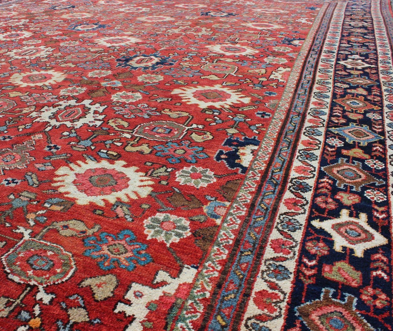 Antique Large Persian Mahal Rug with All Over Design in Red Background In Good Condition In Atlanta, GA