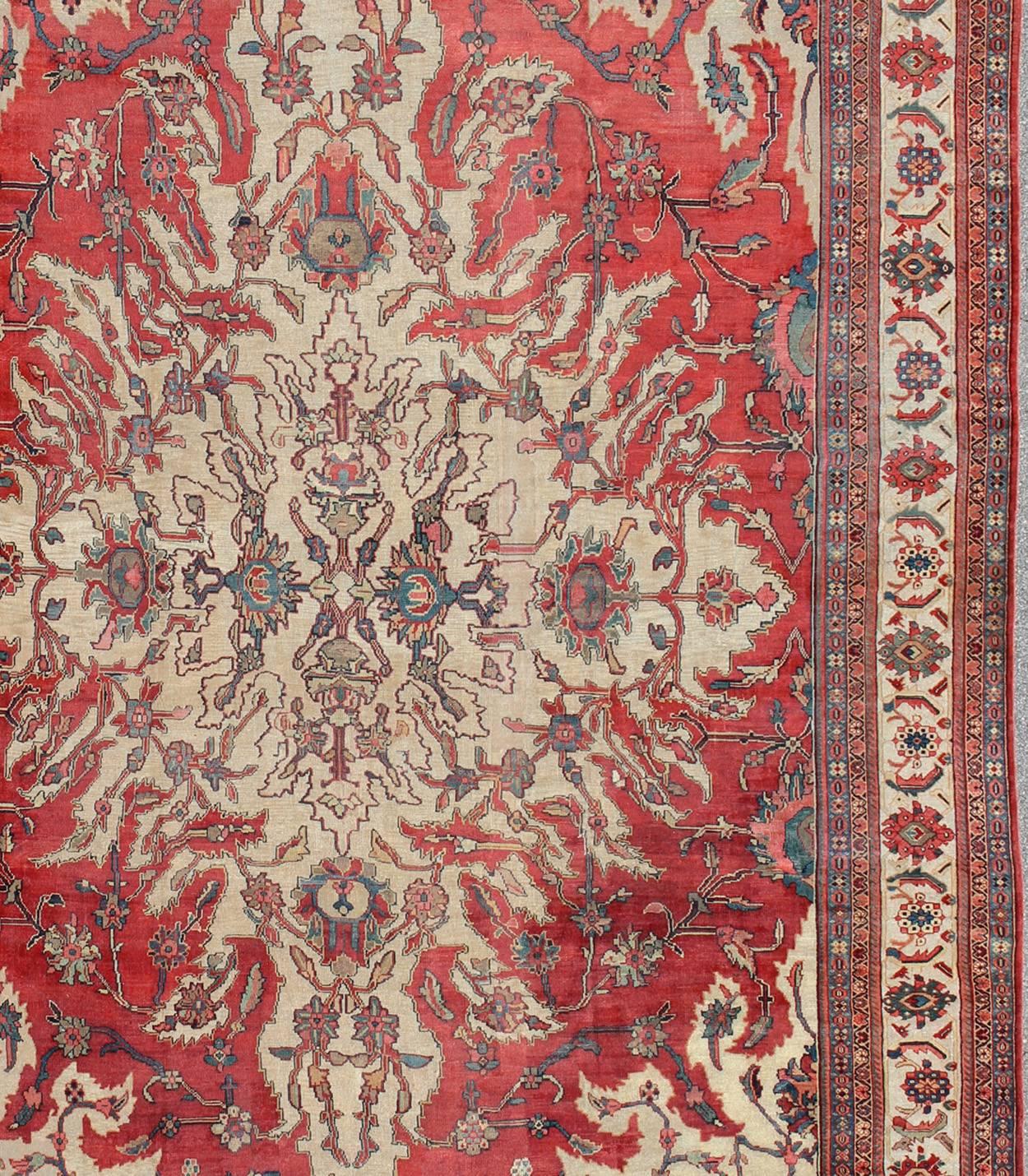 20th Century Large Antique Persian Sultanabad Rug in Red, Ivory For Sale
